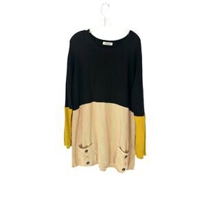 Margaret Winters Black Tan‎ Mixed Media Relaxed Lagenlook Chore Tunic Top Large